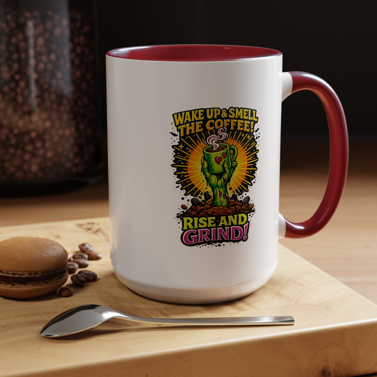 Zombie Coffee Mug, Wake Up and Smell the Coffee Black Accent Cup, Unique Funny Rise and Grind Gift for Horror Fan, Barista or Coworker