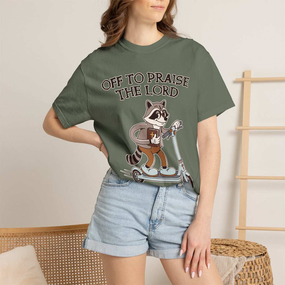 Funny Christian Comfort Colors Shirt, Off to Praise the Lord Raccoon Tee, Cute Faith Based Graphic Tee, Trendy Christian Shirt for Women