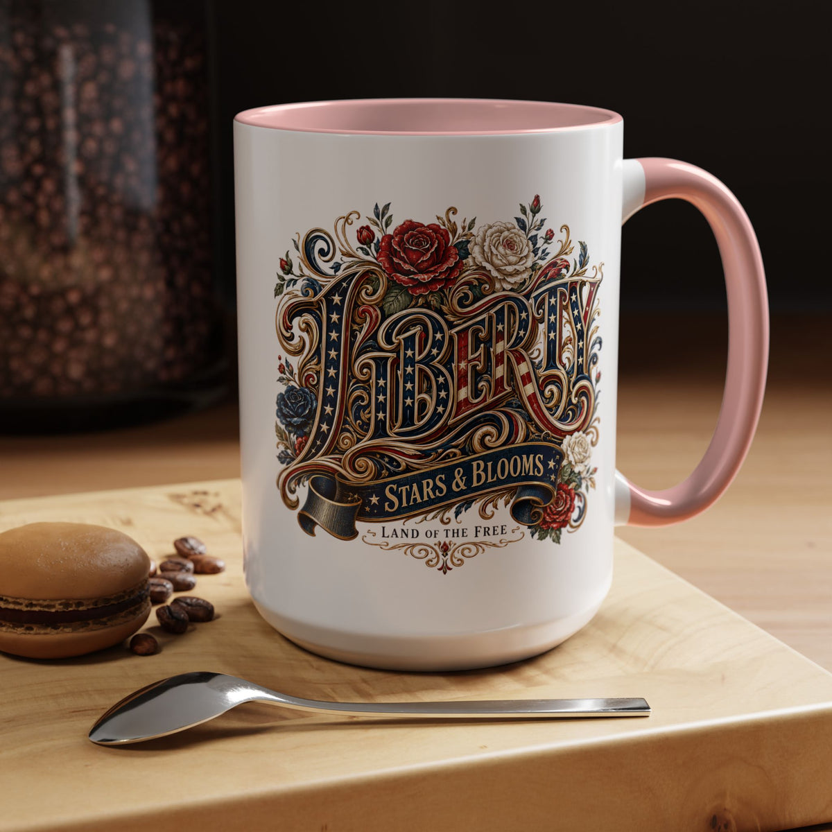Vintage Patriotic Floral Coffee Mug, Liberty Stars and Blooms Mug, Americana Rose Art Cup, Fourth of July Gift, USA Lover Mug