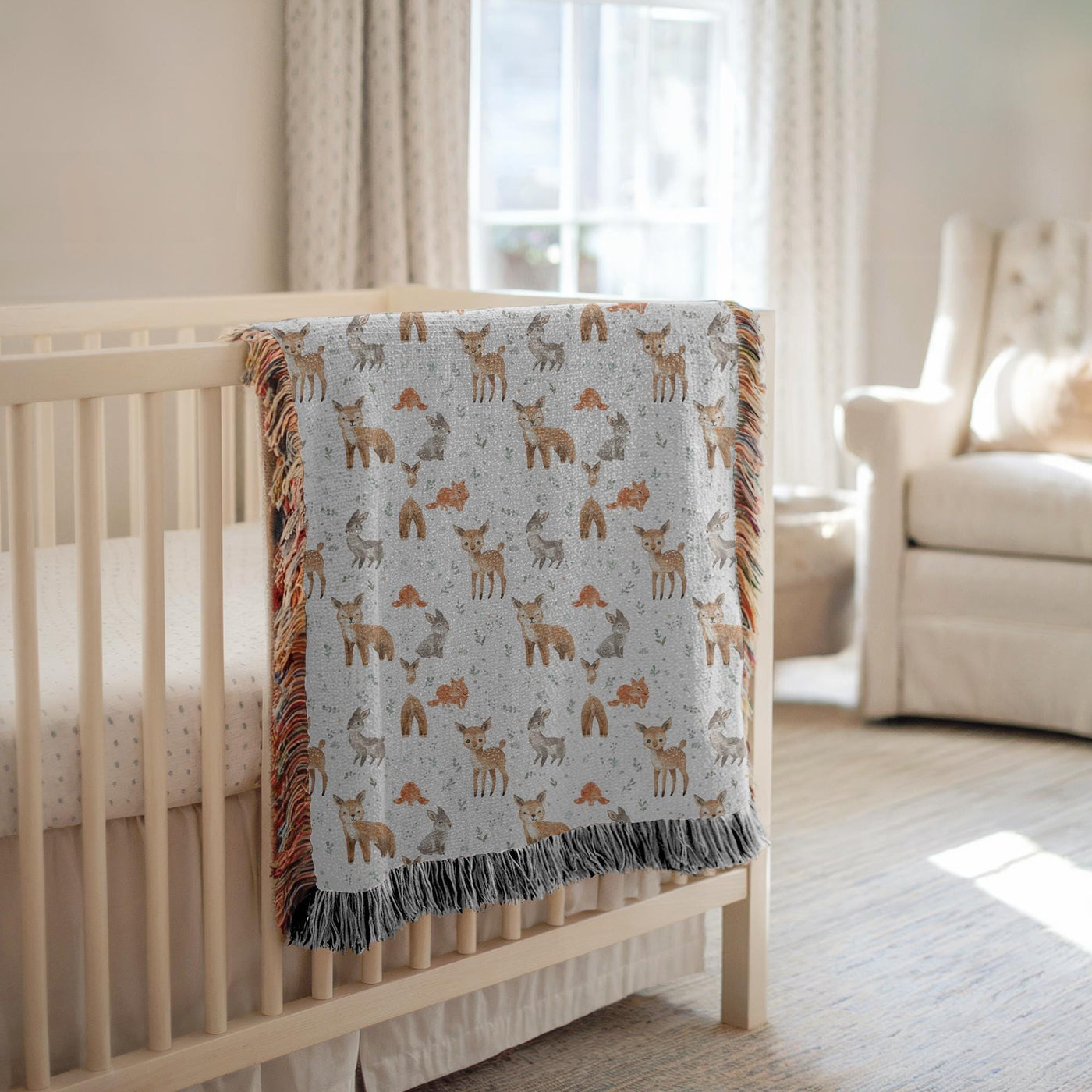 Woodland Deer Fox Baby Woven Blanket Forest Animal Nursery Decor Kids Throw Baby Shower Gift