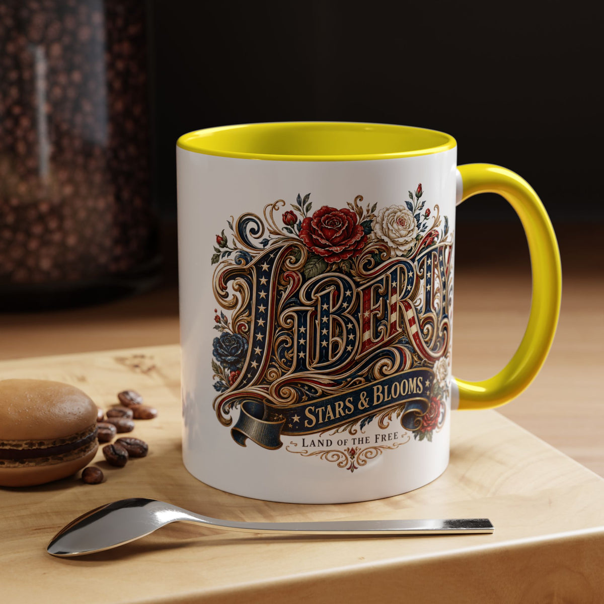 Vintage Patriotic Floral Coffee Mug, Liberty Stars and Blooms Mug, Americana Rose Art Cup, Fourth of July Gift, USA Lover Mug