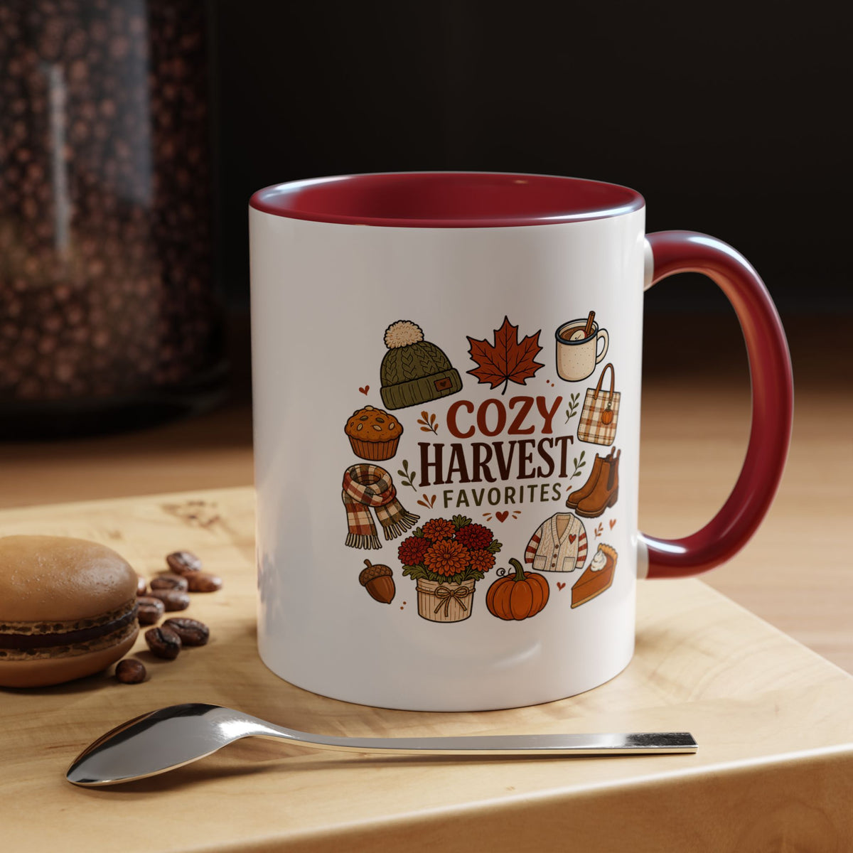 Cozy Harvest Coffee Mug, Cute Autumn Favorites Cup, Fall Gift for Her, Pumpkin Spice Lover Birthday Present, Thanksgiving Kitchen Decor