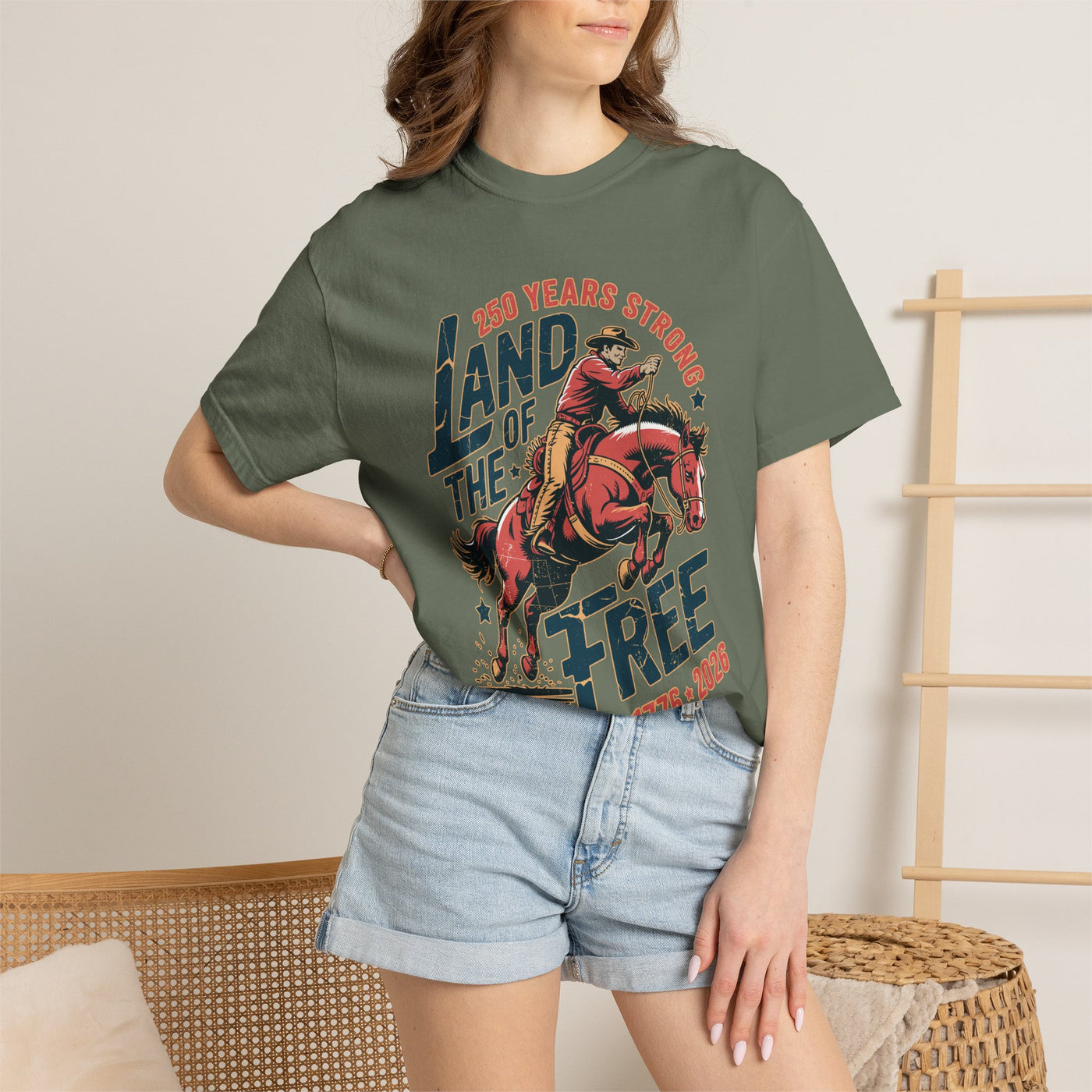 Land of the Free 250 Years Strong Comfort Colors Shirt, America 250th Anniversary Tee, Patriotic Cowboy Graphic Shirt, USA 1776-2026