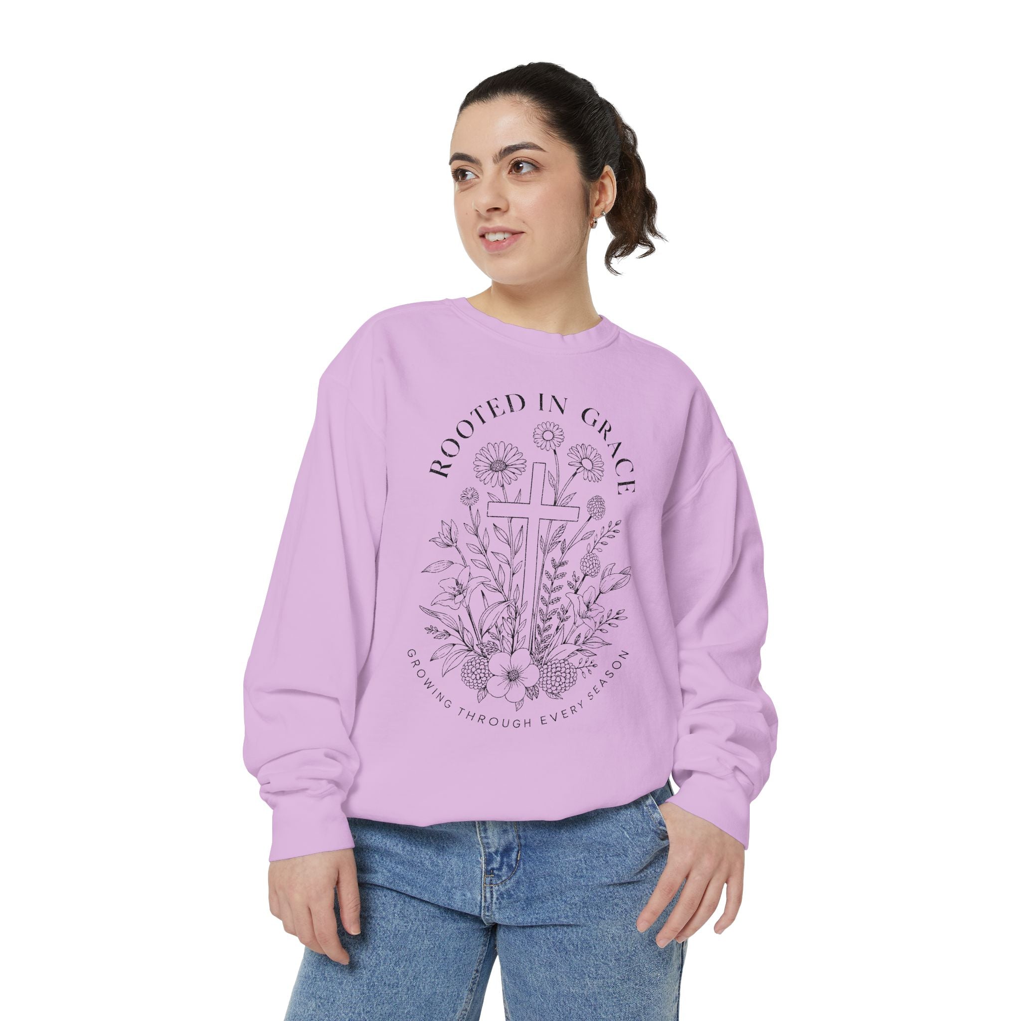 Rooted in Grace Comfort Colors Sweatshirt, Christian Floral Cross Sweatshirt, Faith Based Gift for Women, Inspirational Crewneck