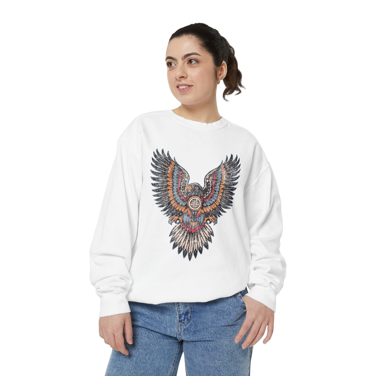 Ornamental Eagle Sweatshirt, Retro Tattoo Style Bird Graphic, Gift for Wildlife Art Lovers, Boho Festival Outfits and Everyday Casual Wear