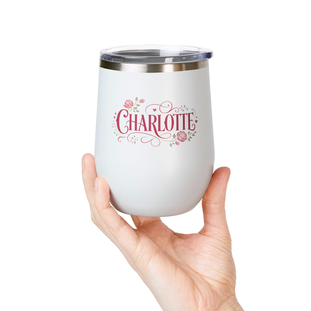 Personalized Wine Tumbler with Name, Floral Rose Drink Cup, Custom Gift for Her, Feminine Drinkware, Birthday Gift, Bridesmaid Gift