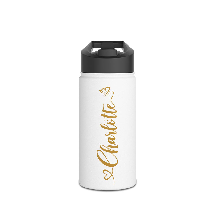 A white stainless steel water bottle with a black flip-top lid, printed with the sample name "Charlotte" in gold script running down the side, with a small gold butterfly at the top and a looped heart flourish at the bottom.