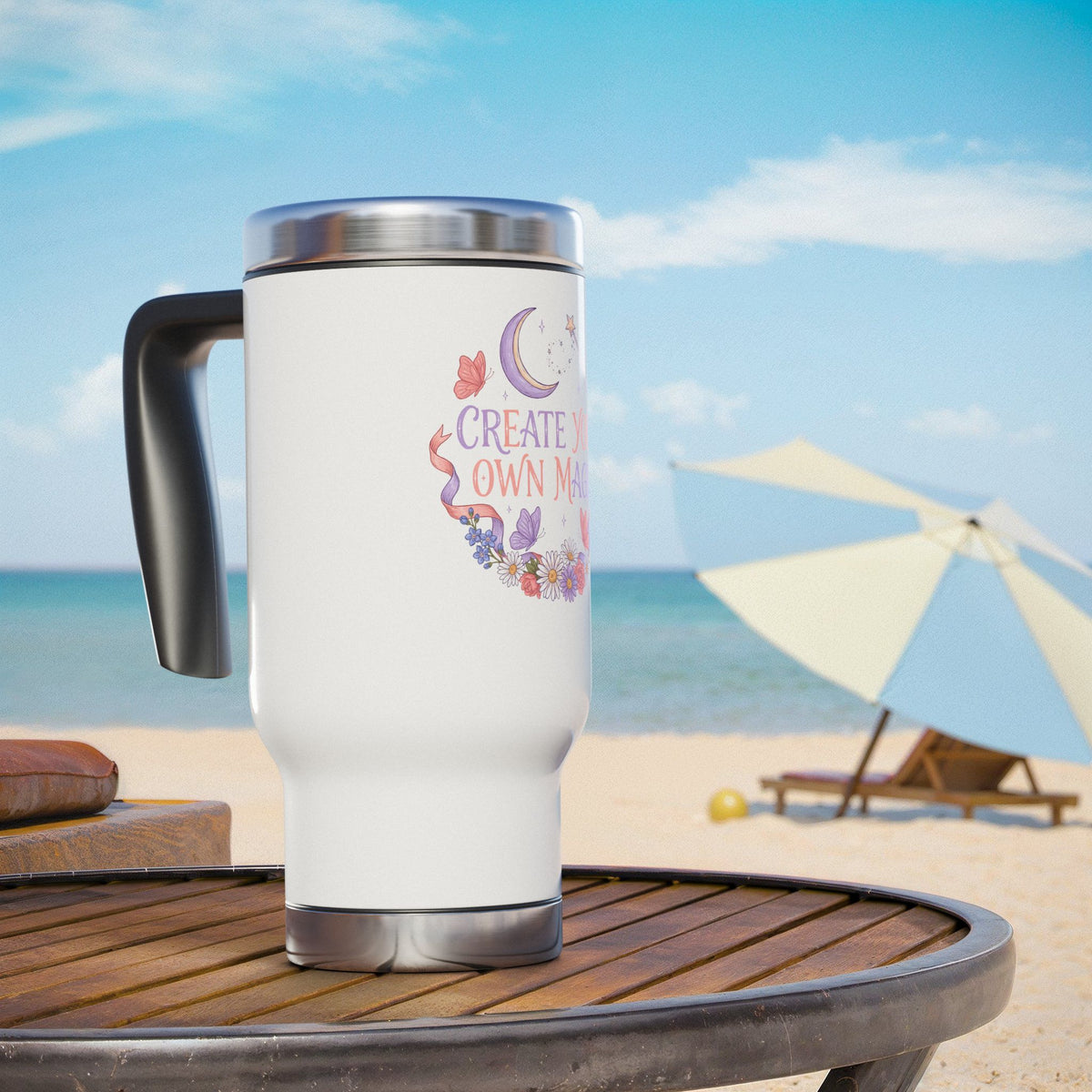 Floral Stainless Steel Travel Mug, Create Your Own Magic Cup, Butterfly and Moon Drinkware, Inspirational Gift for Her