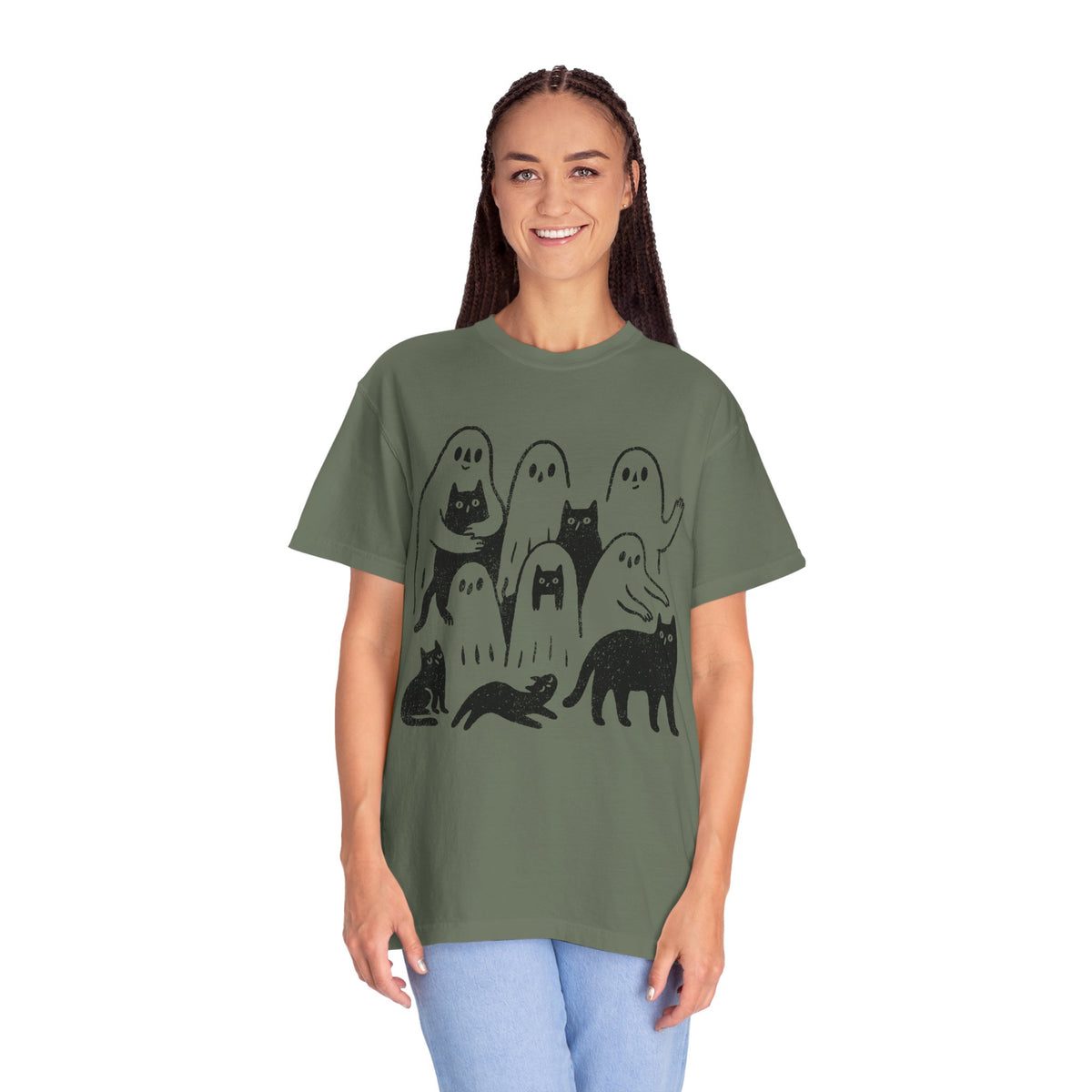 Ghost Cat Halloween Shirt, Cute Spooky Cats and Ghosts Graphic Tee, Cozy Pet Lover Gift, Minimal Black and White Fall Outfit for Women