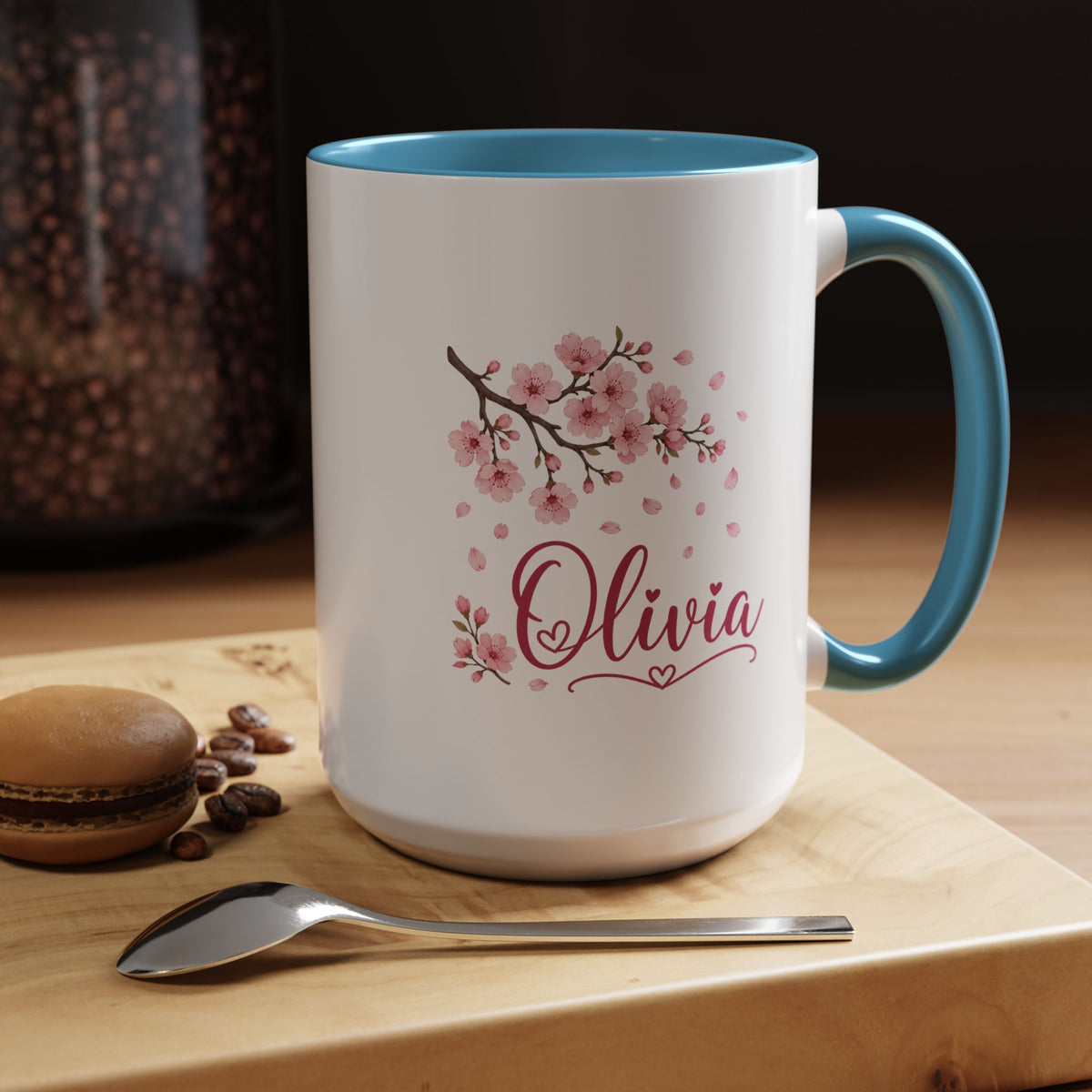 Personalized Name Mug, Pink Cherry Blossom Black Accent Coffee Cup, Custom Name Gift for Her, Girl, Daughter, Birthday or Nursery Keepsake