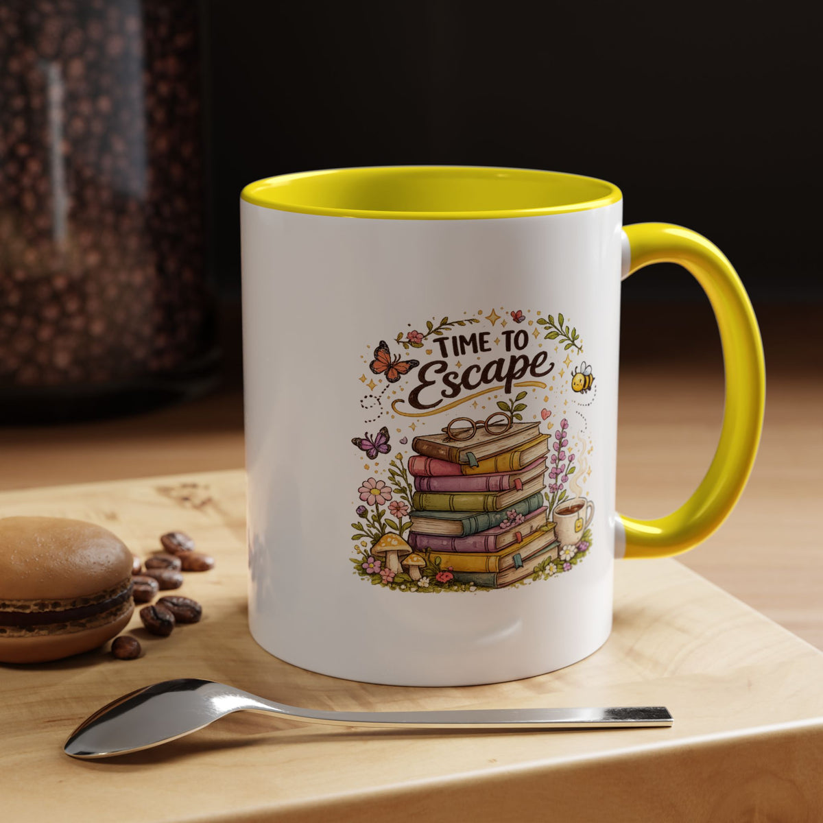 Book Lover Coffee Mug, Time to Escape Black Accent Cup with Books and Tea, Unique Cozy Gift for Reader, Librarian, Teacher or Bookworm