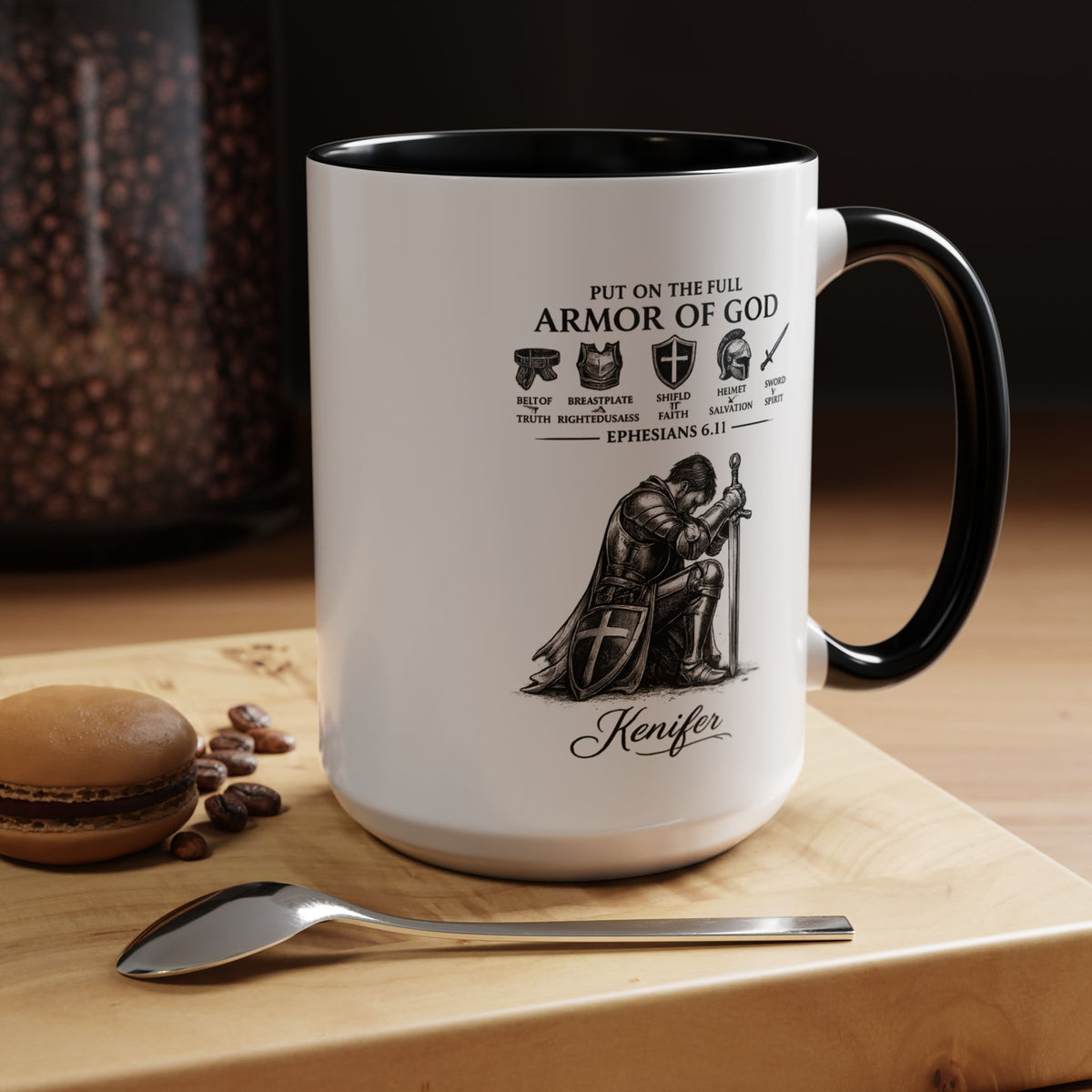 Full Armor of God Coffee Mug with Name, Personalized Christian Knight Gift for Men, Inspirational Scripture Ceramic Tea Cup, Religious Faith Present