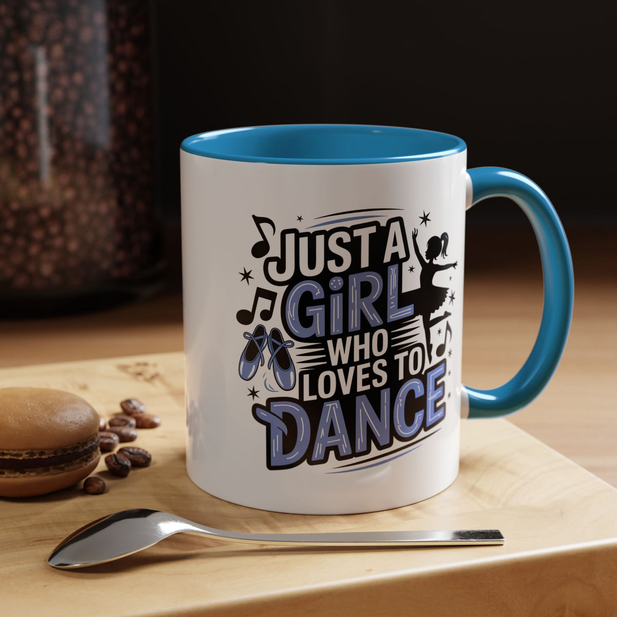 Dance Lover Coffee Mug, Just a Girl Who Loves to Dance Quote, Blue Ballet Shoes and Ballerina Design, Recital Gift for a Daughter or Teacher