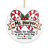 Personalized Teacher Candy Cane Christmas Ornament, Thank You for Helping Us Grow, Holiday Gift from Student, Name and Year Tree Keepsake