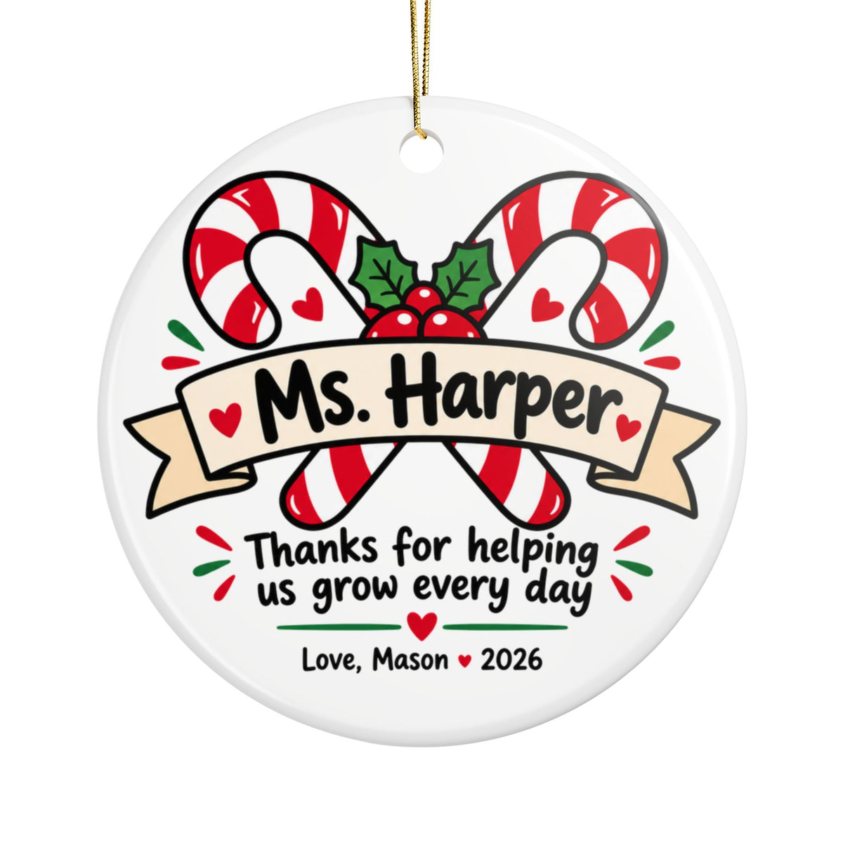 Personalized Teacher Candy Cane Christmas Ornament, Thank You for Helping Us Grow, Holiday Gift from Student, Name and Year Tree Keepsake