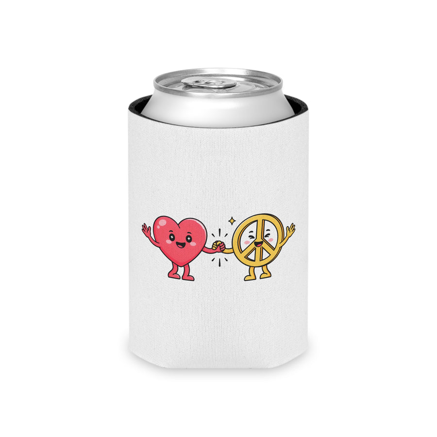 A white can cooler on a drink can, printed with a smiling cartoon red heart holding hands with a smiling yellow peace sign character, with small sparkles.