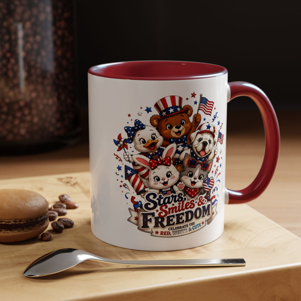Cute Patriotic Animal Coffee Mug, Fourth of July Mug for Kids and Families, Stars Smiles and Freedom Cup, Independence Day Gift