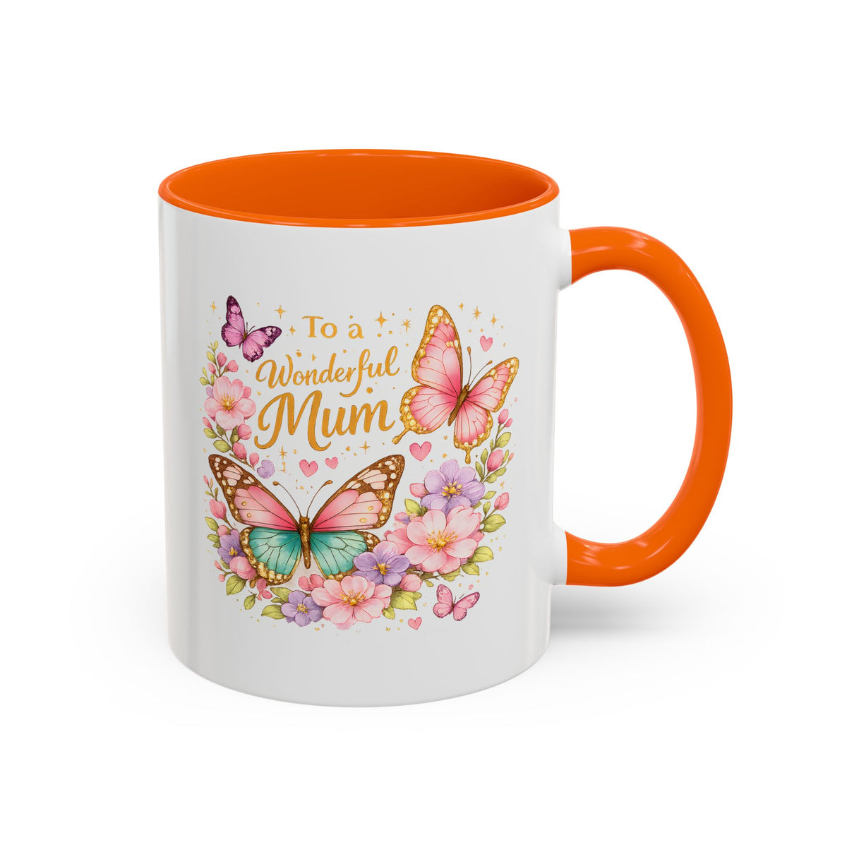 To a Wonderful Mum Coffee Mug, Cute Butterfly Birthday Gift for Mother, Floral Pastel Watercolor Ceramic Tea Cup with Pink Handle, Mum Gift