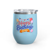 Happy Birthday to You Wine Tumbler, Pink and Blue Balloons with Party Bunting, Colorful Drinkware Gift for a Sister or Best Friend's Party