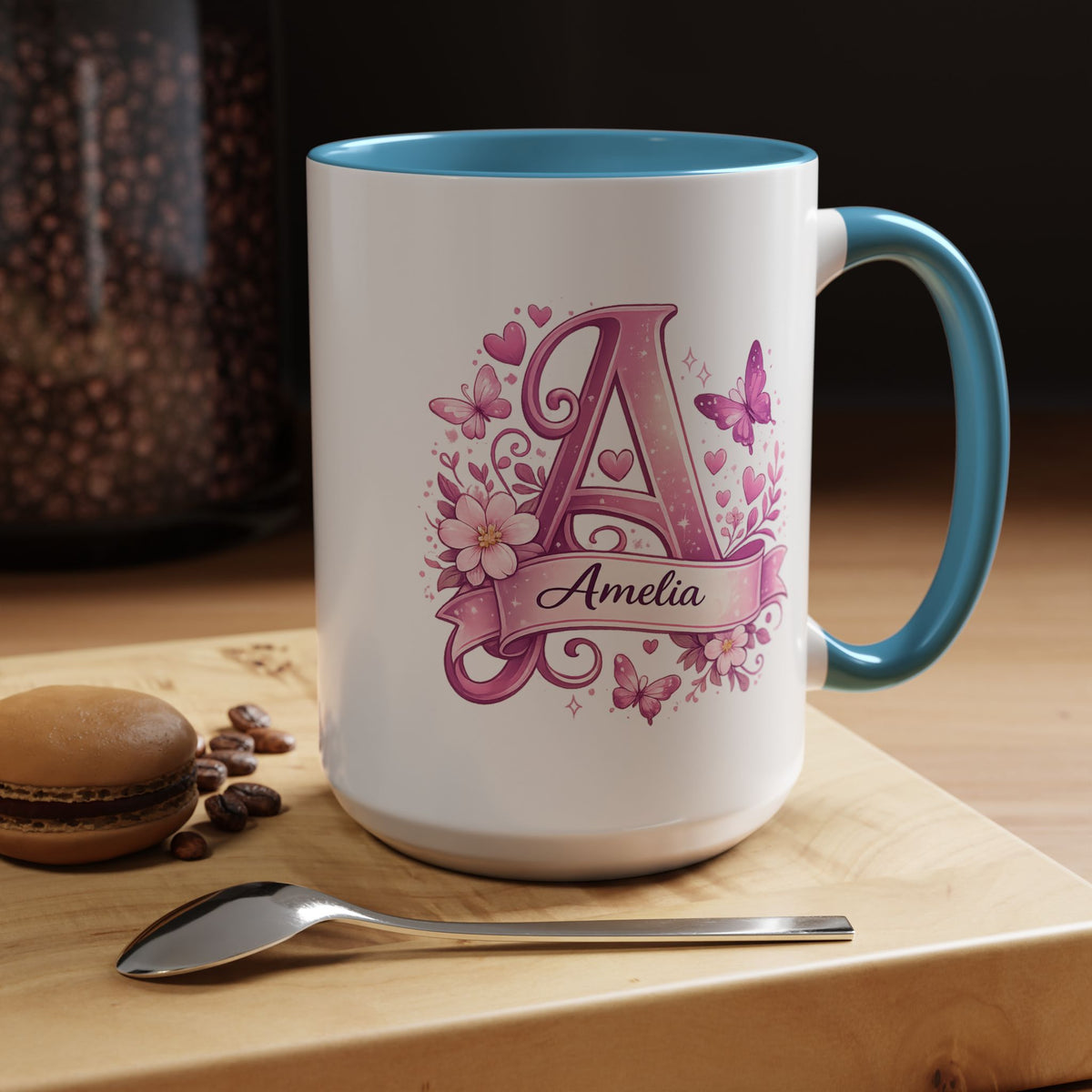Personalized Butterfly Initial Mug, Custom Name Coffee Mug for Girls and Women, Floral Monogram Cup, Pink Aesthetic Gift, Custom Letter Mug