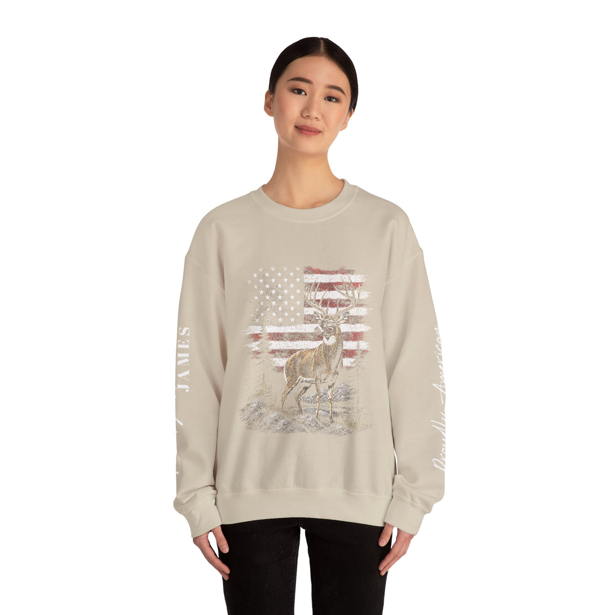 Personalized Hunting Sweatshirt, Custom Deer American Flag Pullover, Patriotic Outdoorsman Crewneck, Hunter Gift, Personalized Family Shirt