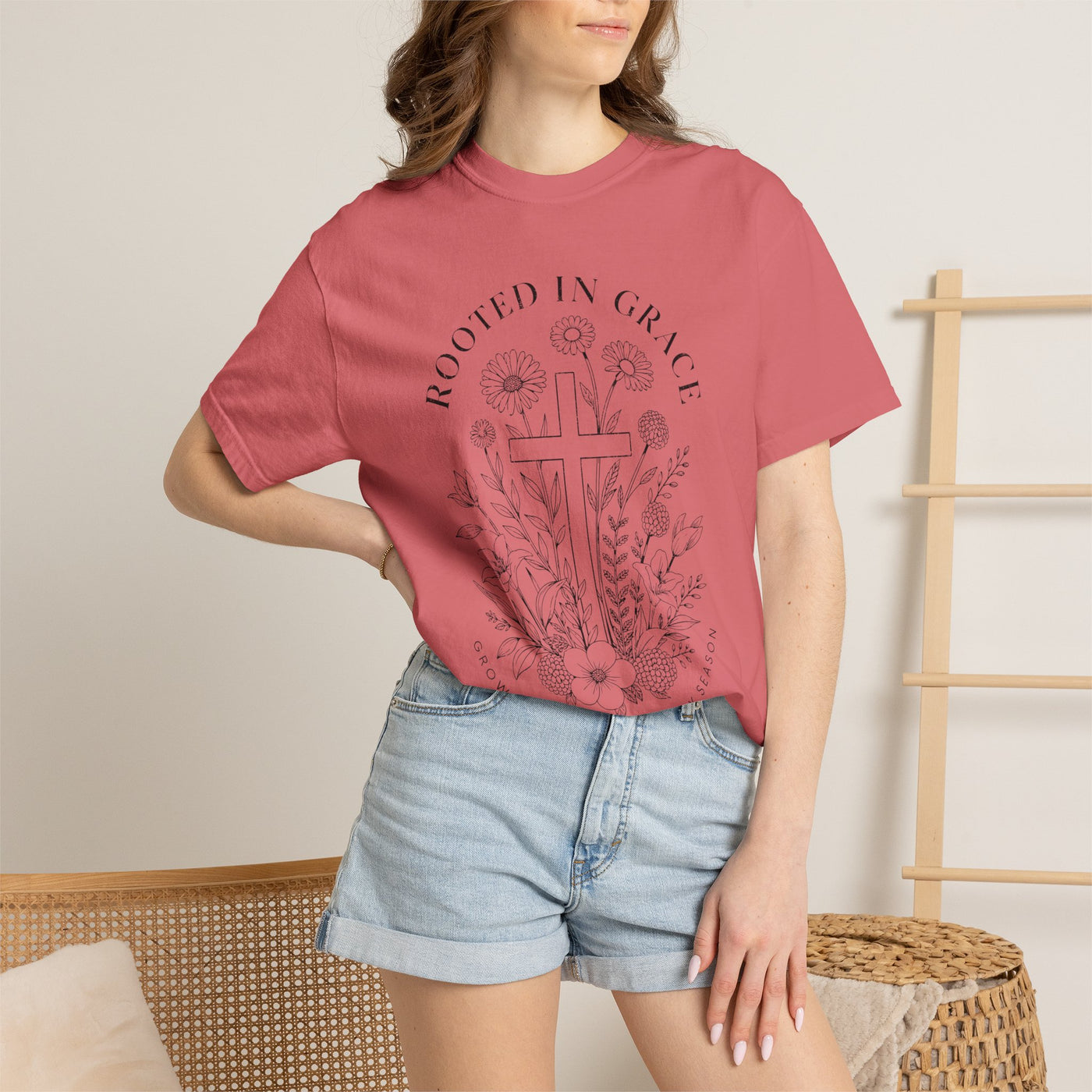 Comfort Colors Rooted in Grace Shirt, Christian Floral Cross Tee, Faith Based Graphic Shirt, Religious Gift for Women, Bible Verse Tee