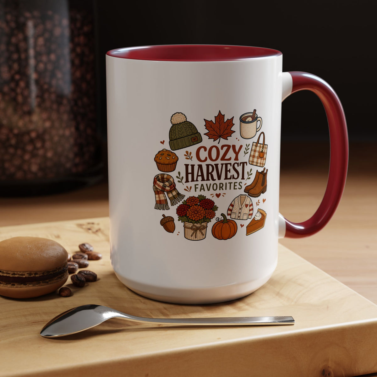 Cozy Harvest Coffee Mug, Cute Autumn Favorites Cup, Fall Gift for Her, Pumpkin Spice Lover Birthday Present, Thanksgiving Kitchen Decor