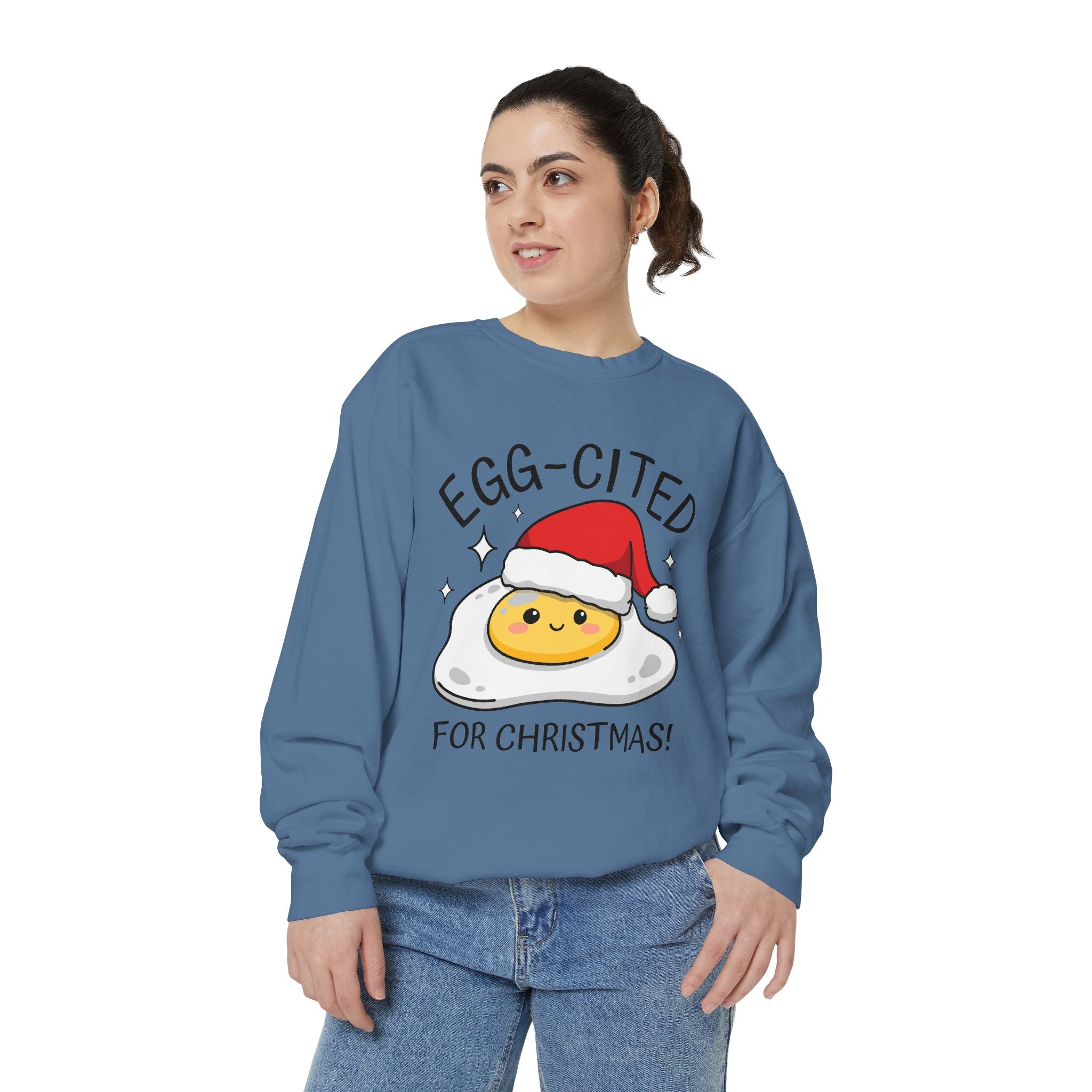 Egg-Cited for Christmas Sweatshirt, Funny Fried Egg Crewneck, Cute Food Pun Holiday Pullover, Christmas Breakfast Gift for Brunch Lover
