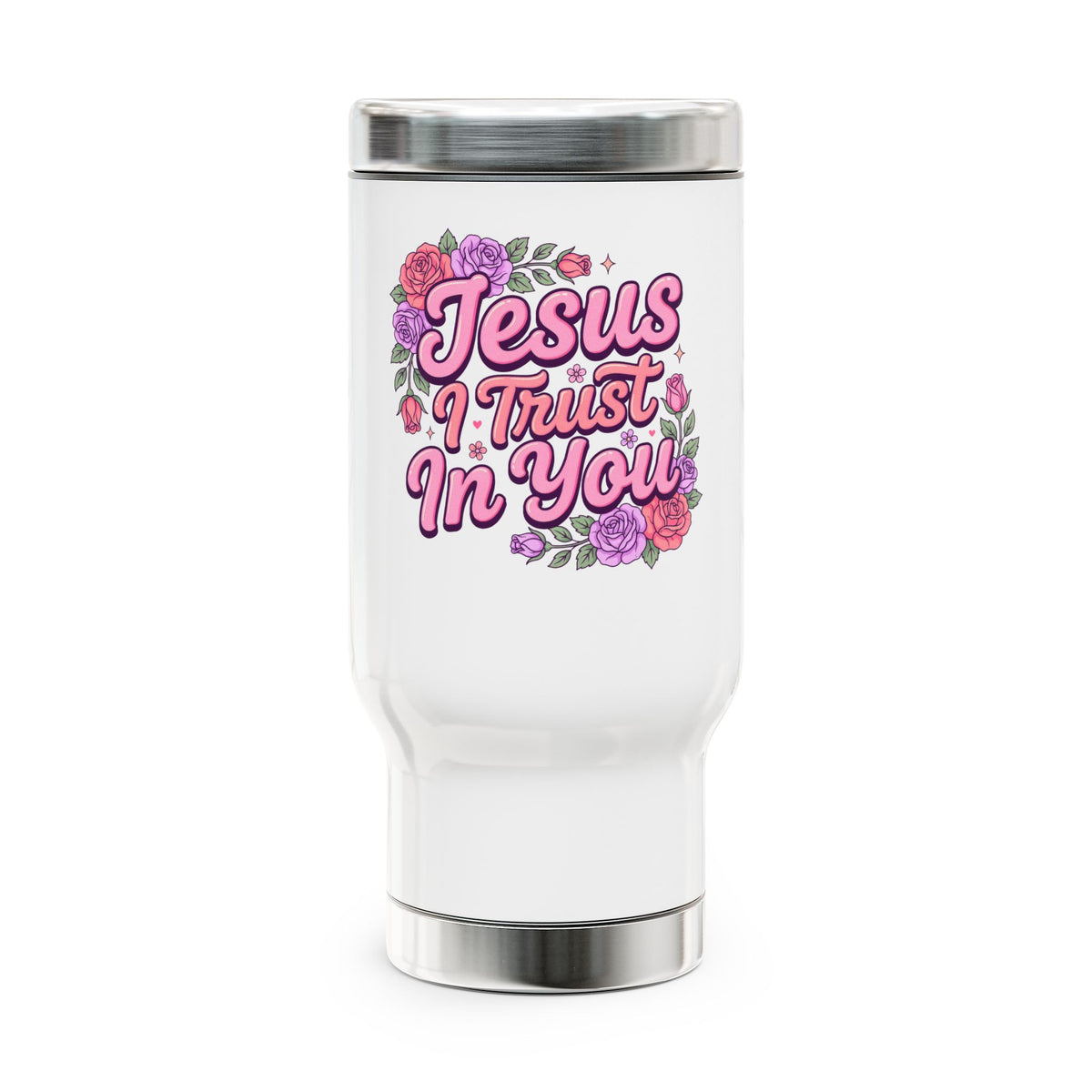 Christian Stainless Steel Travel Mug, Jesus I Trust in You Floral Cup, Faith Based Gift for Women, Inspirational Religious Drinkware