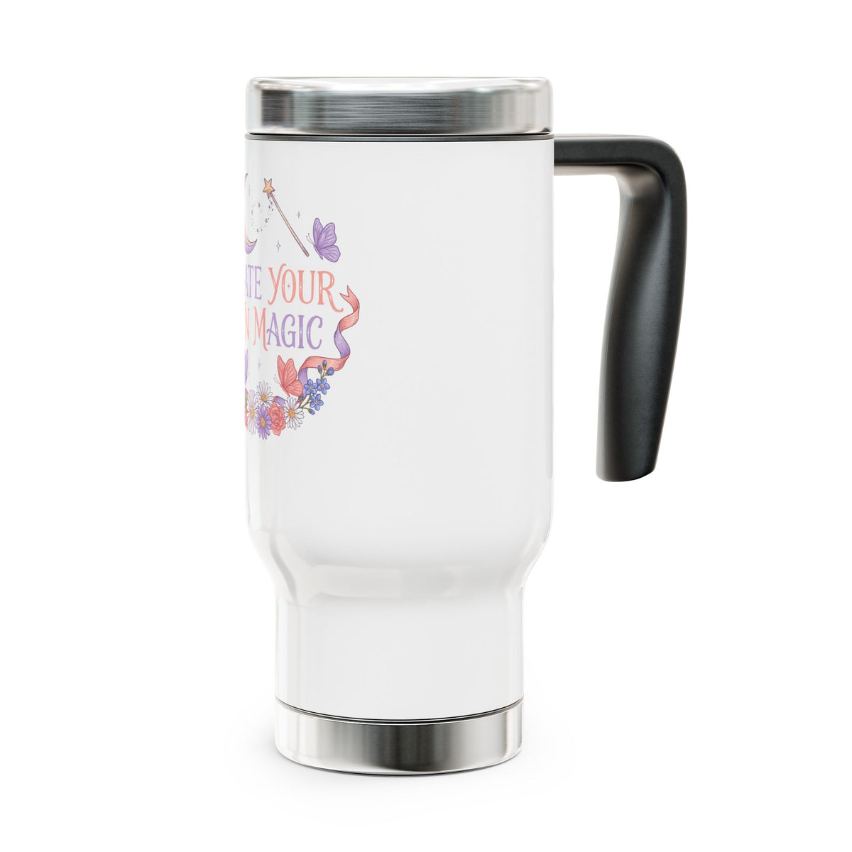 Floral Stainless Steel Travel Mug, Create Your Own Magic Cup, Butterfly and Moon Drinkware, Inspirational Gift for Her