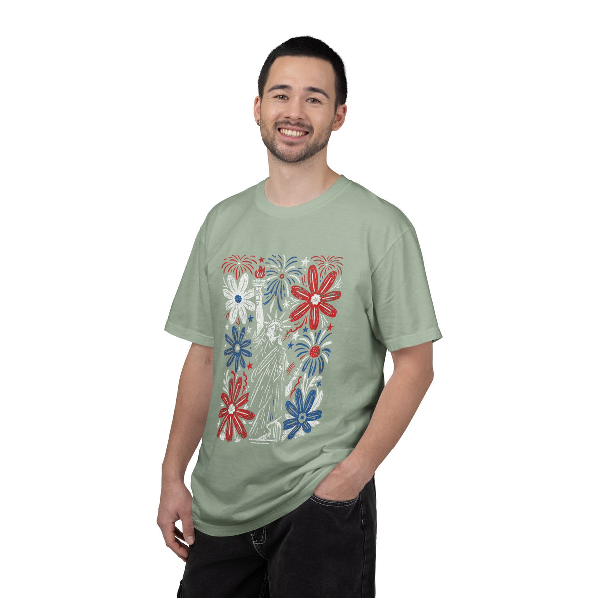 Patriotic Fireworks Shirt, Red White Blue Flower Graphic Tee, Americana T Shirt, Fourth of July Outfit, Vintage USA Gift for Women