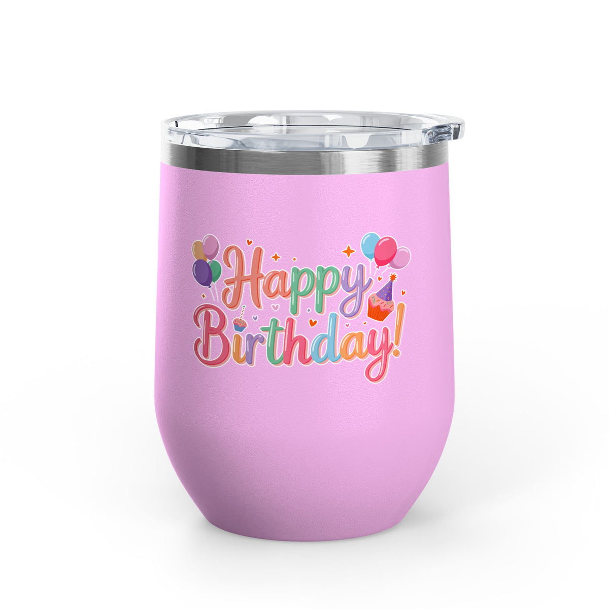 Happy Birthday Wine Tumbler, Pastel Balloons and Cupcake Design, Colorful Drinkware Gift for a Best Friend, Sister or Coworker Celebration