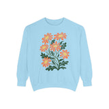 Orange Daisy Graphic Sweatshirt, Retro Floral Pullover for Flower Lovers, Groovy Botanical Top, Cheerful Garden Gift for Women