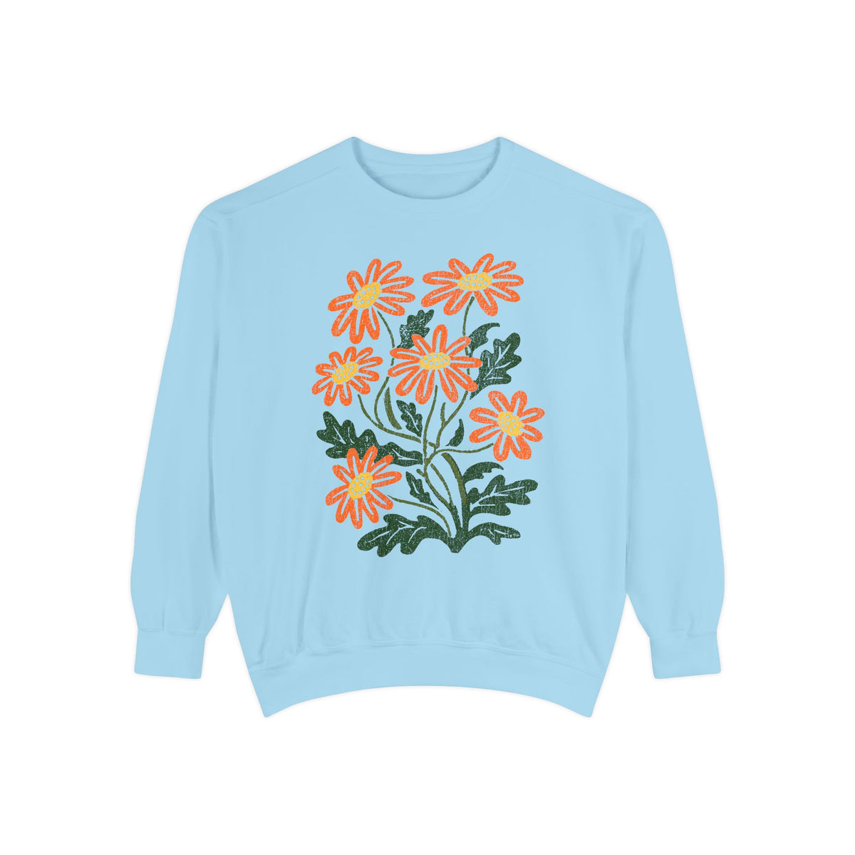 Orange Daisy Graphic Sweatshirt, Retro Floral Pullover for Flower Lovers, Groovy Botanical Top, Cheerful Garden Gift for Women