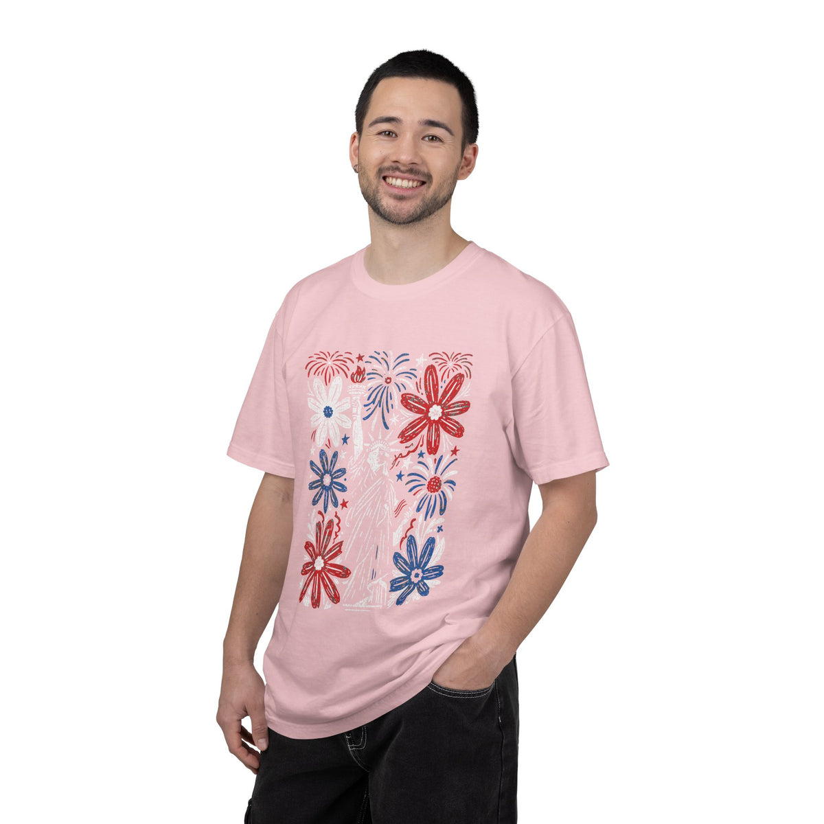 Patriotic Fireworks Shirt, Red White Blue Flower Graphic Tee, Americana T Shirt, Fourth of July Outfit, Vintage USA Gift for Women