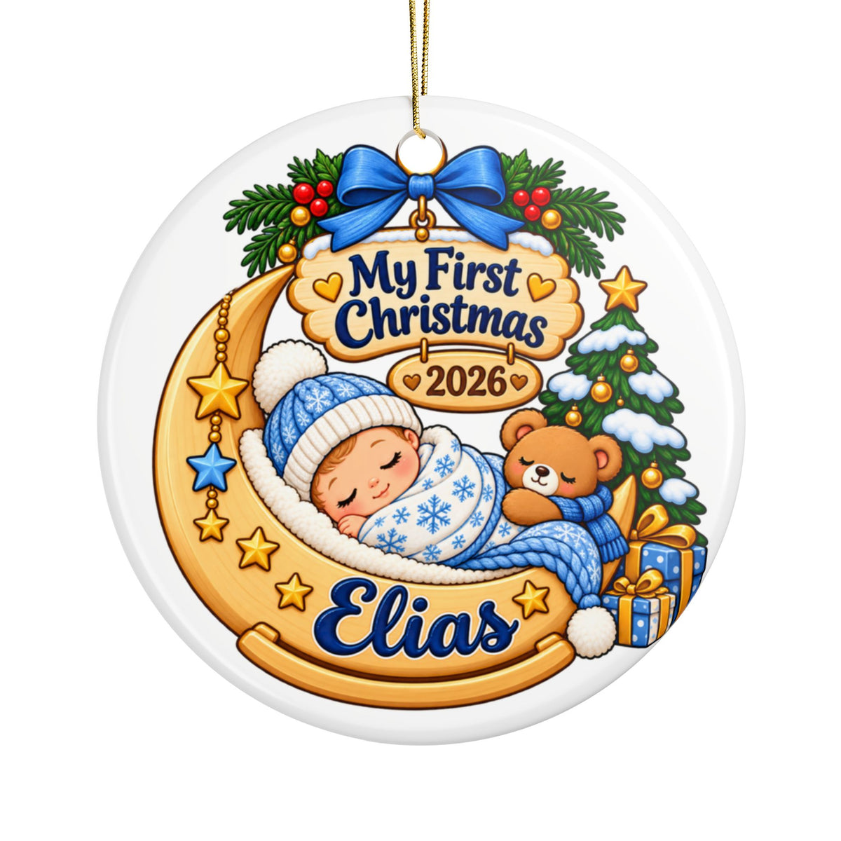 Personalized Baby First Christmas Ornament 2026, Blue Sleeping Baby on Crescent Moon, Custom Name Keepsake for New Parents and Grandparents
