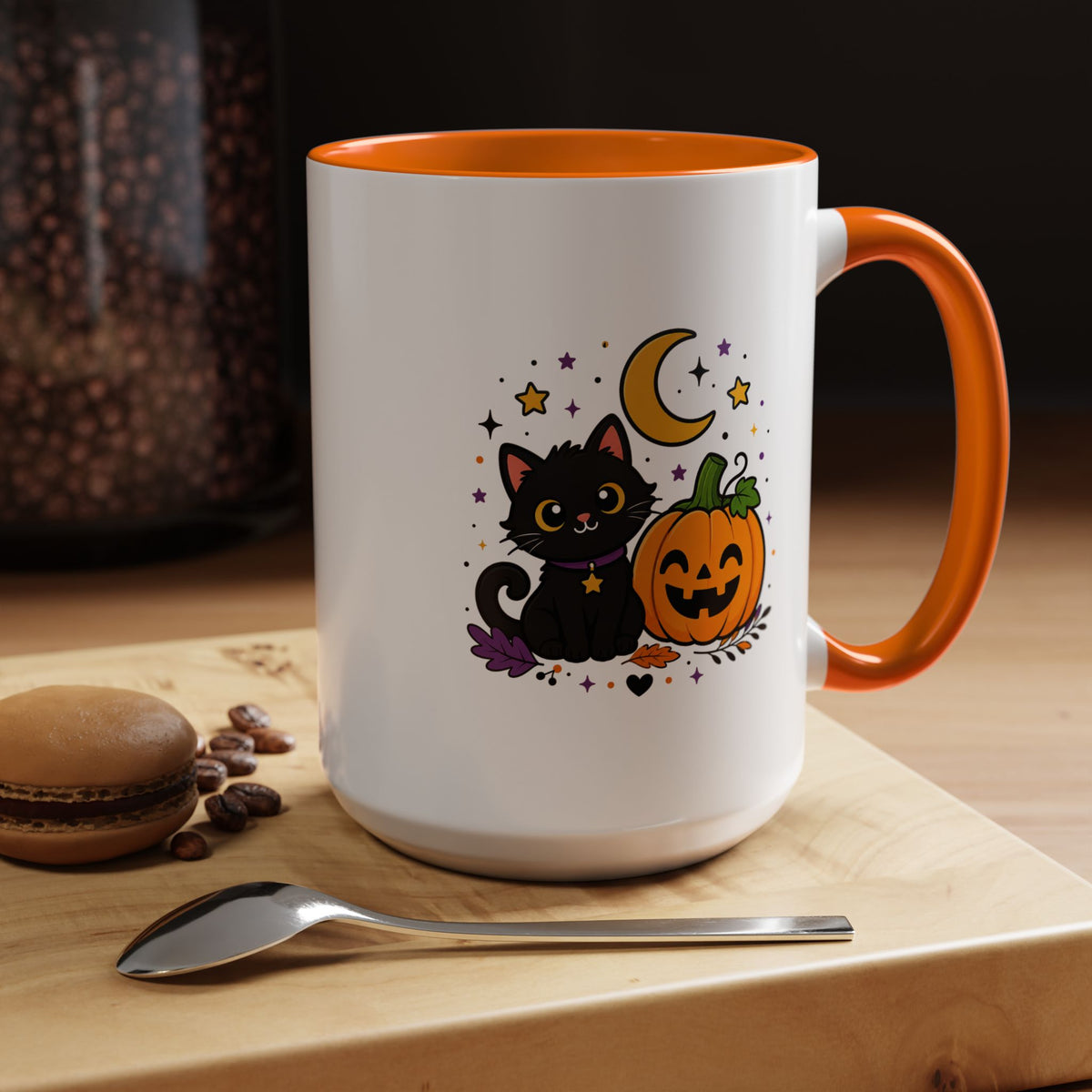Cute Black Cat Halloween Mug, Pumpkin and Moon Coffee Cup, Spooky Season Gift for Cat Lover, Fall Birthday Present, Witchy Fall Decor