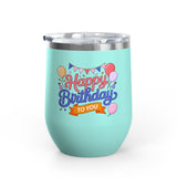 Happy Birthday to You Wine Tumbler, Pink and Blue Balloons with Party Bunting, Colorful Drinkware Gift for a Sister or Best Friend's Party