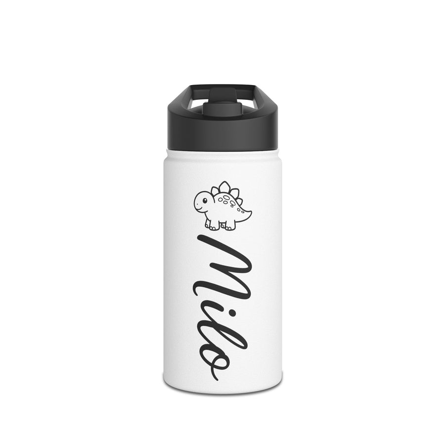 White water bottle with a black lid, printed with a small line-drawn stegosaurus above the name Milo, both in black and set reading downwards along the length of the bottle.
