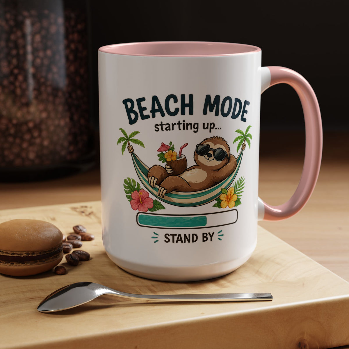 Beach Mode Sloth Coffee Mug, Funny Summer Vacation Gift for Sloth Lovers, Cute Tropical Hammock Ceramic Tea Cup with Blue Handle