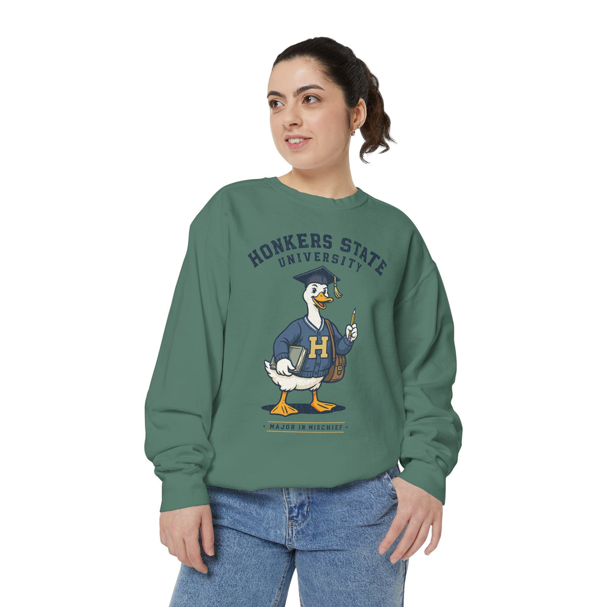 Honkers State University Sweatshirt, Funny Goose Graduate Crewneck, Major in Mischief College Student Gift, Graduation Campus Pullover
