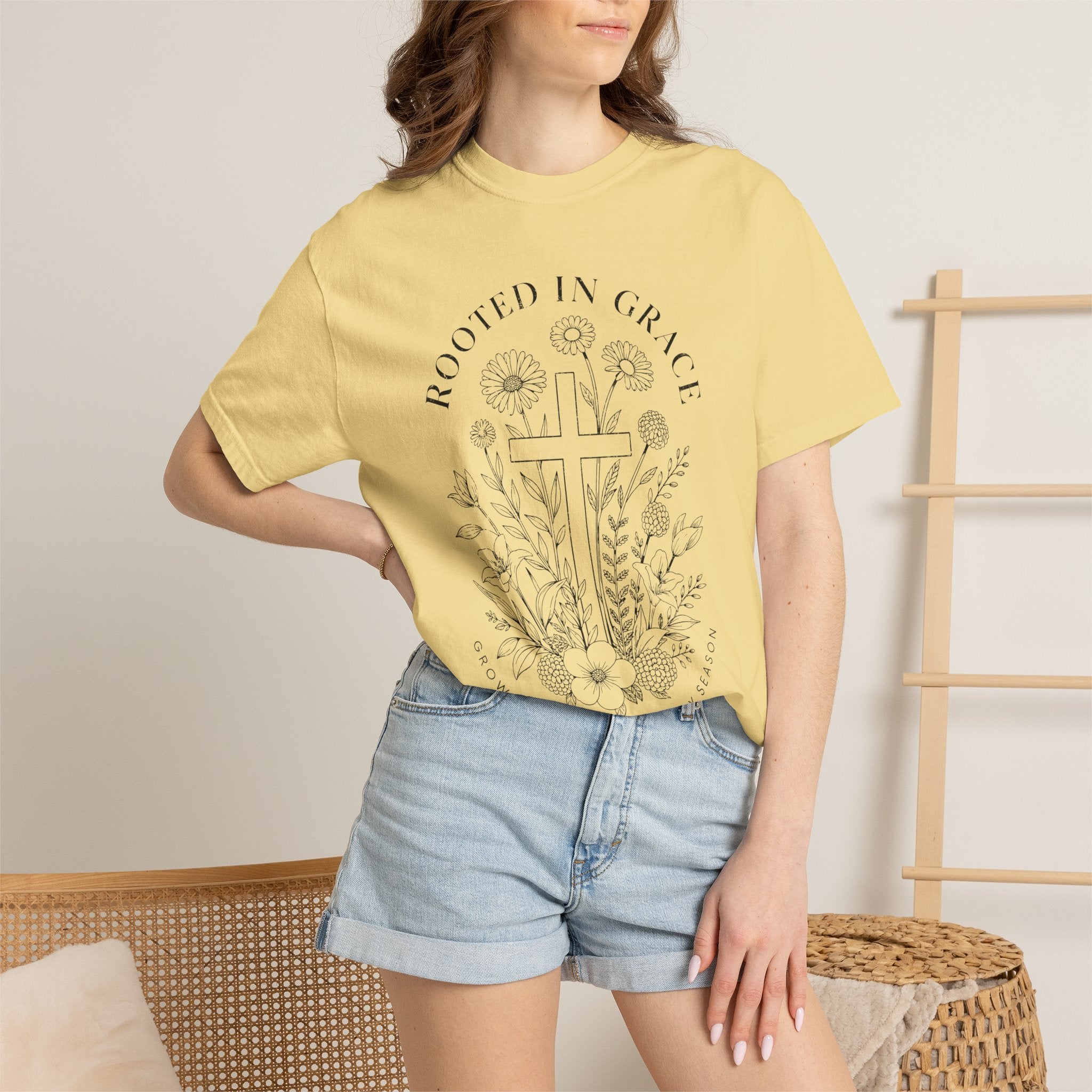 Comfort Colors Rooted in Grace Shirt, Christian Floral Cross Tee, Faith Based Graphic Shirt, Religious Gift for Women, Bible Verse Tee