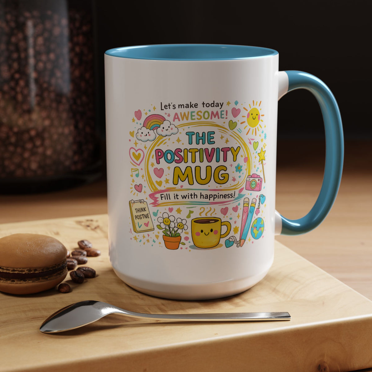 The Positivity Mug, Funny Sarcastic Office Gag Gift for Coworkers, Bright Doodle Aesthetic Motivational Coffee Cup with Orange Handle