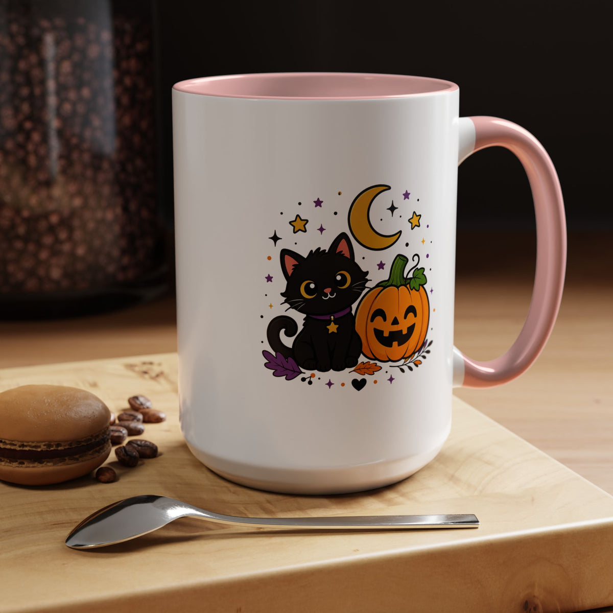 Cute Black Cat Halloween Mug, Pumpkin and Moon Coffee Cup, Spooky Season Gift for Cat Lover, Fall Birthday Present, Witchy Fall Decor