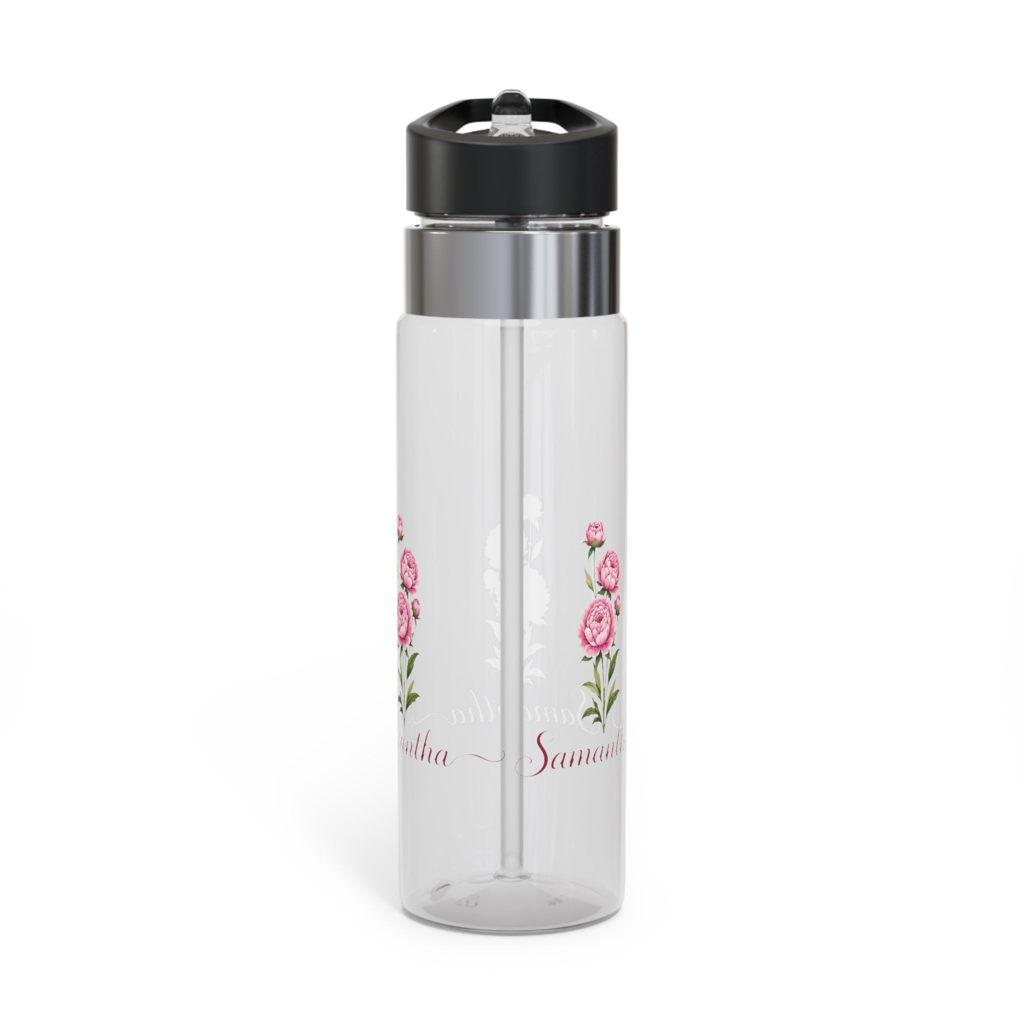 Personalized Floral Transparent Water Bottle, Peony Flower Gift for Her, Custom Name Drinkware, Girly Water Bottle for Work, Gym or School