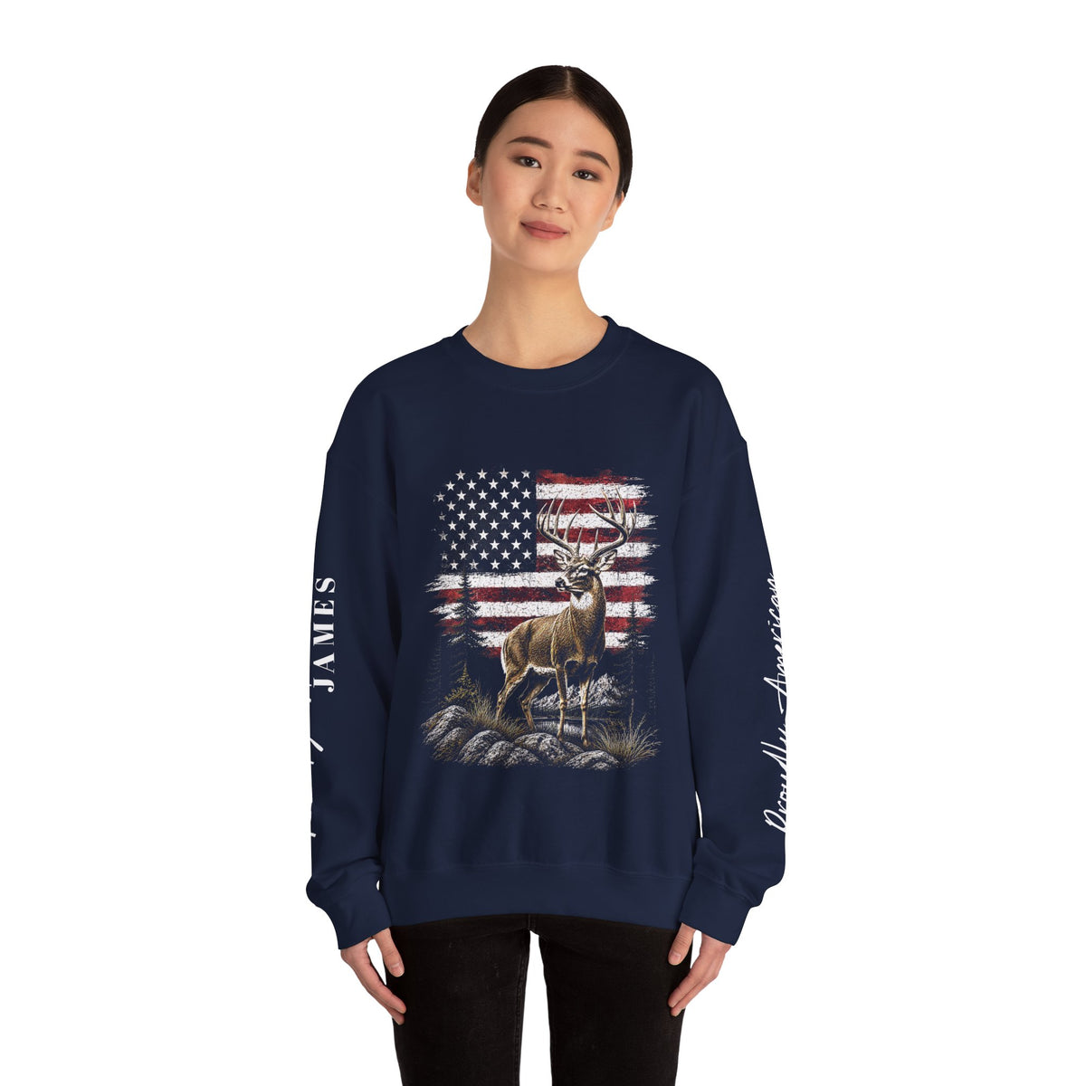 Personalized Hunting Sweatshirt, Custom Deer American Flag Pullover, Patriotic Outdoorsman Crewneck, Hunter Gift, Personalized Family Shirt