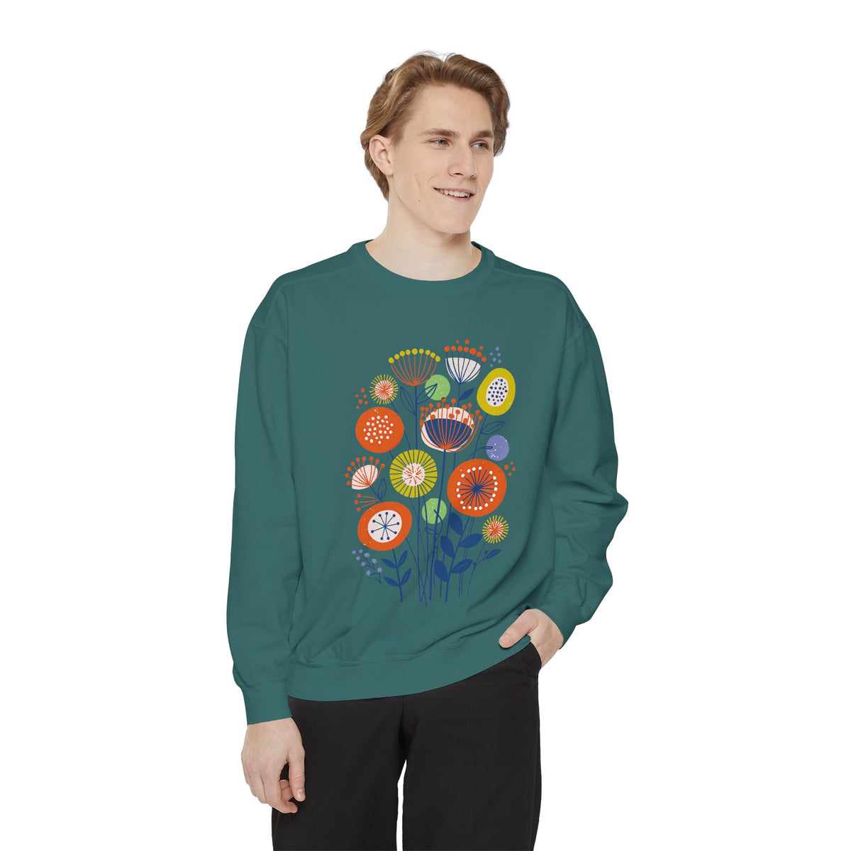 Retro Floral Graphic Sweatshirt, Colorful Botanical Pullover for Flower Lovers, Mid Century Garden Top, Cheerful Nature Gift for Her