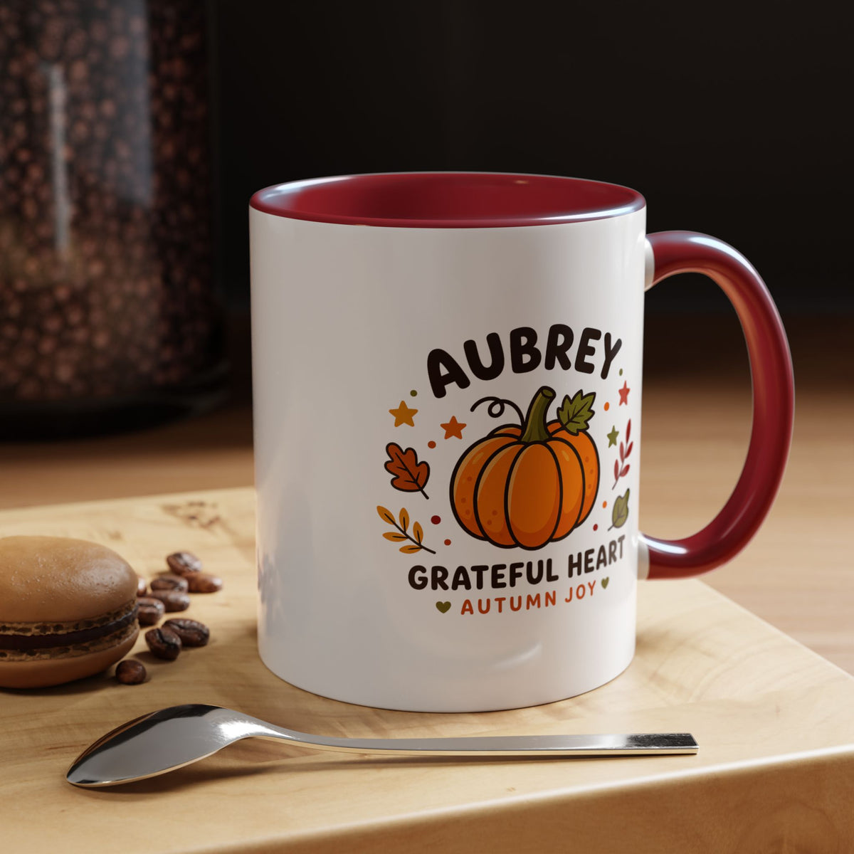 Personalized Pumpkin Name Mug, Custom Aubrey Fall Coffee Cup, Grateful Heart Autumn Gift for Her, Thanksgiving Birthday Keepsake Gift