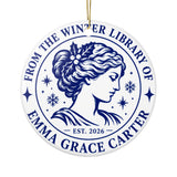 Personalized Book Lover Christmas Ornament, Winter Library Name Design, Reader Gift with Classic Portrait, Holiday Keepsake for Bookworms