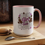 Chocolate Lover Coffee Mug, Just a Girl Who Loves Chocolate Quote, Purple Hearts and Cocoa Design, Sweet Birthday Gift for a Best Friend